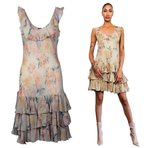 Ralph Lauren Vintage Silk Slip Dress Floral Tiered Ruffle Chiffon Mini 90s Y2k 6 - Picture 13 of 13